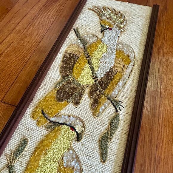 Vintage Burlap Wall Art with Birds – Mid Century Textured Wall Hanging - Picture 12 of 15